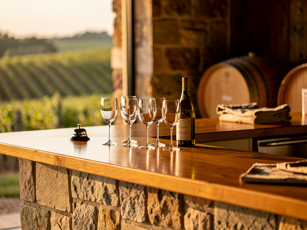 The winery tasting room counter in oak and stone with glasses, a corked bottle and a small bell, nobody in focus, warm a