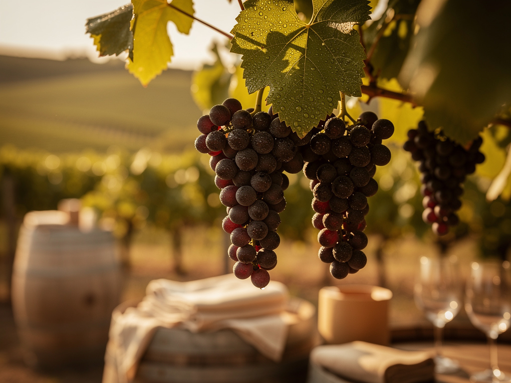 Close-up of ripe dark grape clusters on the vine with dew and soft sunlight through the leaves.