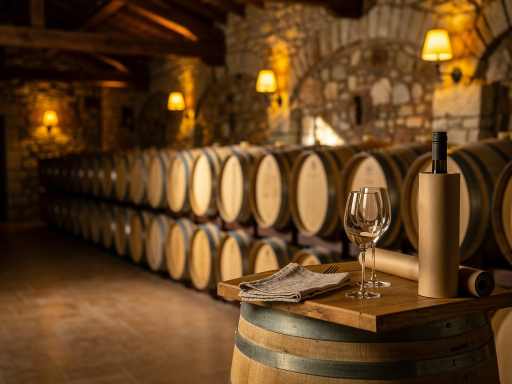 Rows of oak barrels in the dim stone cellar lit by warm lamplight.