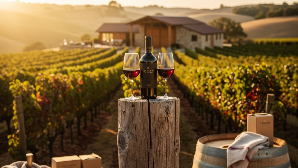 Golden-hour view down long vine rows with a dark unlabeled wine bottle and two filled glasses resting on a weathered oak