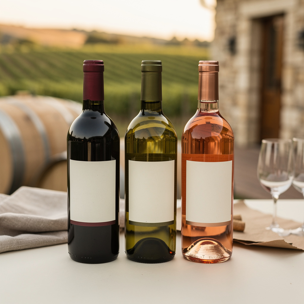 Three unlabeled wine bottles, one red, one white and one rosé, standing on a clean parchment-cream surface with soft nat