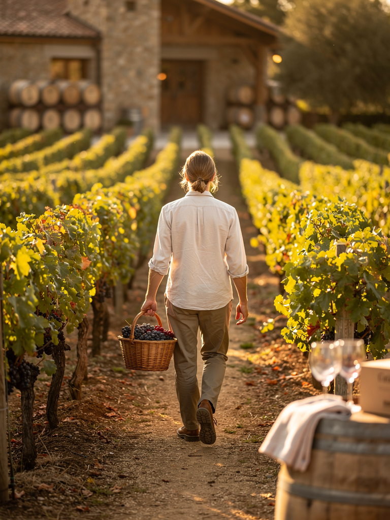 A person seen from behind walking between vine rows with a woven harvest basket of grapes, face out of frame, in warm ev